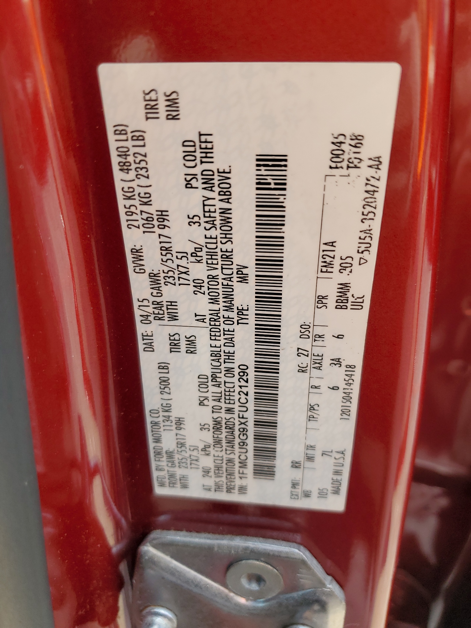 1FMCU9G9XFUC21290 2015 Ford Escape Se