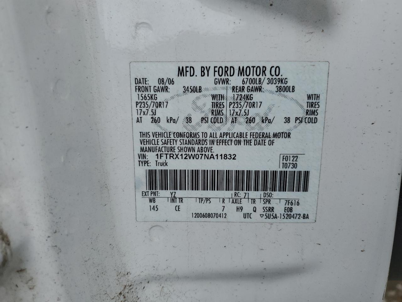 2007 Ford F150 VIN: 1FTRX12W07NA11832 Lot: 64295894