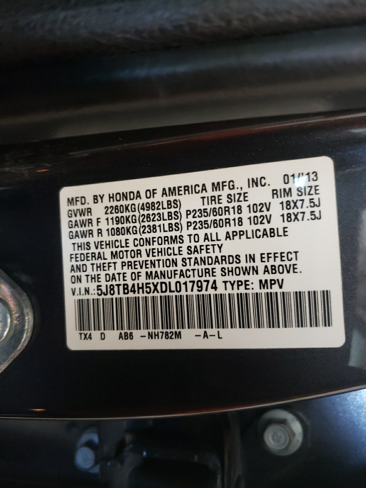 5J8TB4H5XDL017974 2013 Acura Rdx Technology