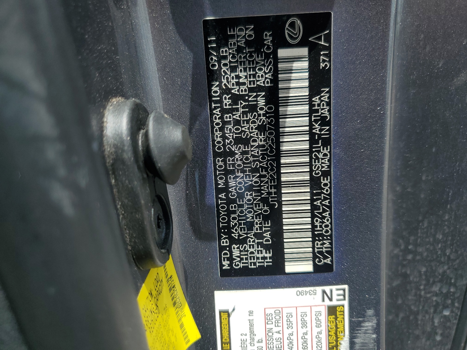 JTHFE2C21C2507310 2012 Lexus Is 350