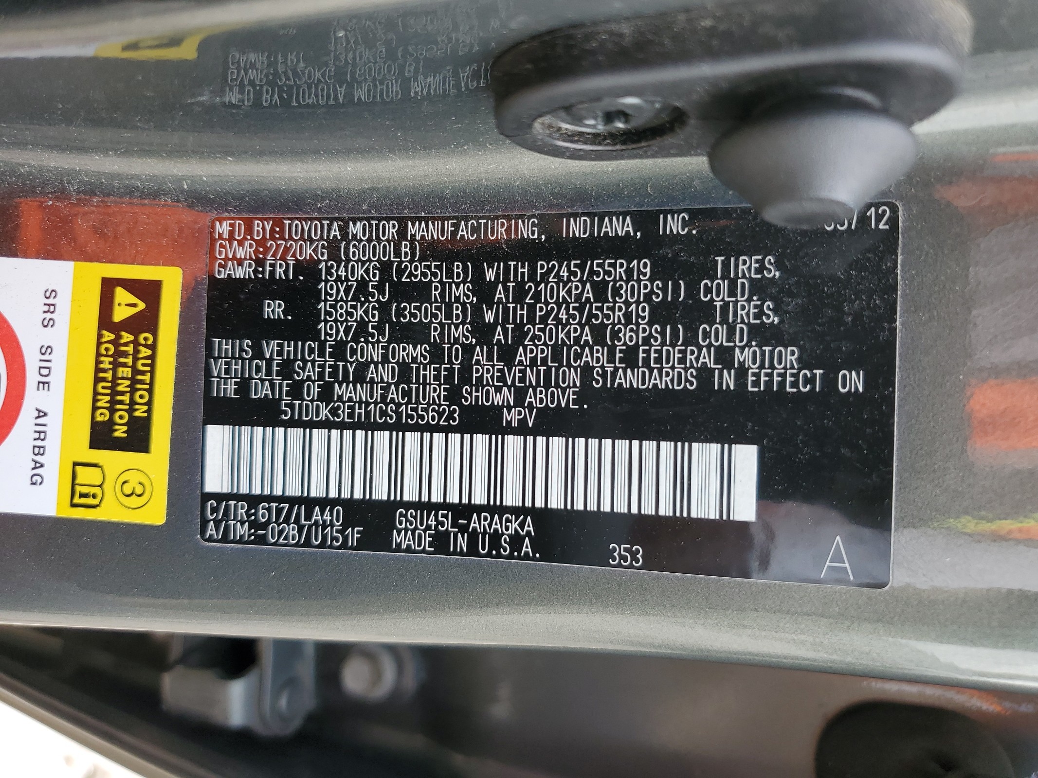 5TDDK3EH1CS155623 2012 Toyota Highlander Limited