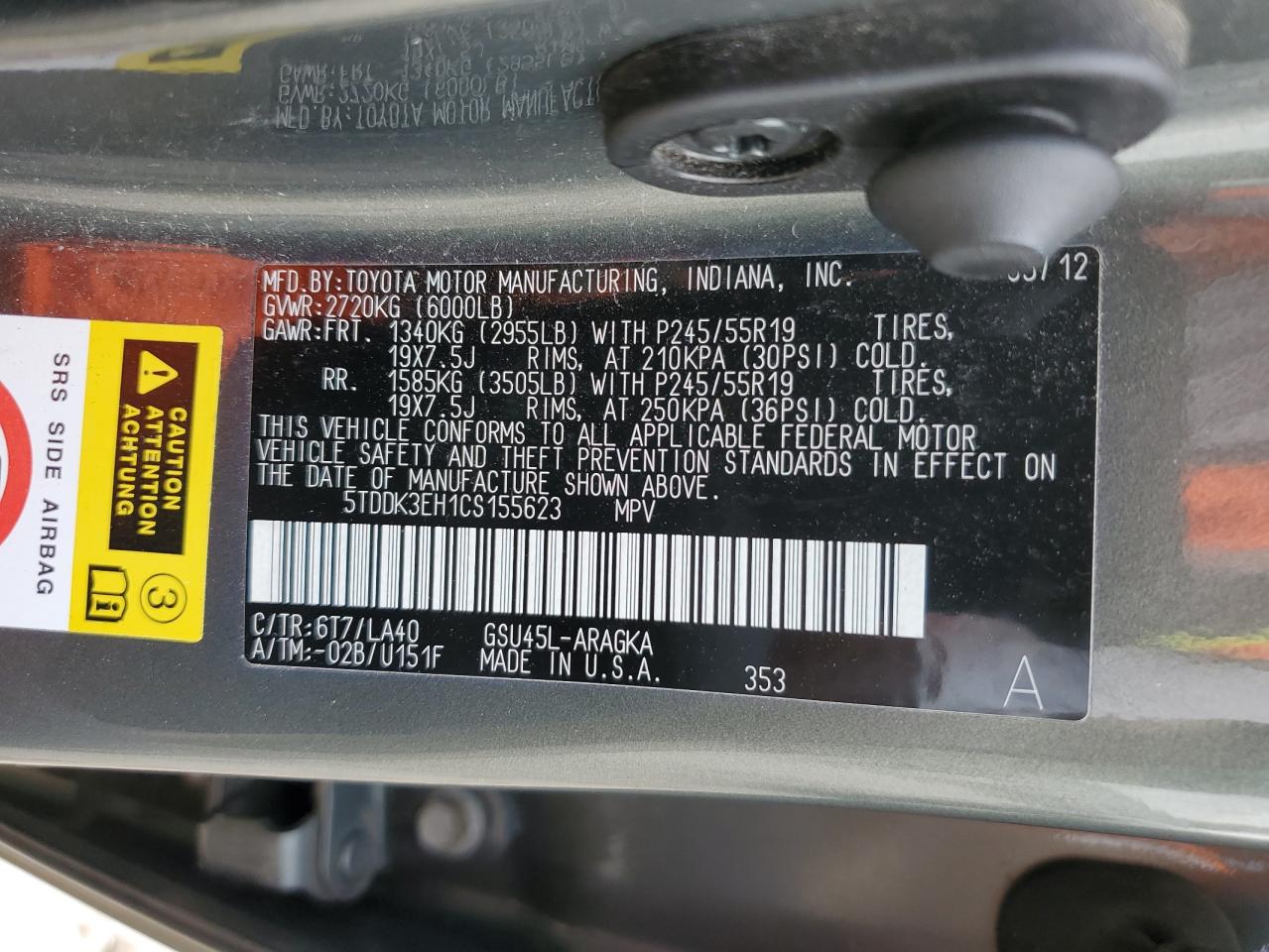 2012 Toyota Highlander Limited VIN: 5TDDK3EH1CS155623 Lot: 61573854