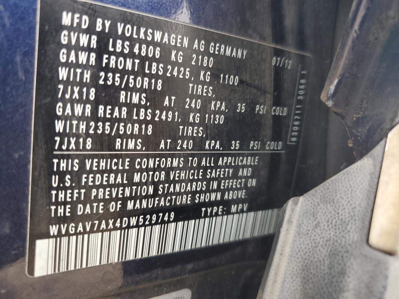 2013 Volkswagen Tiguan S VIN: WVGAV7AX4DW529749 Lot: 62955374