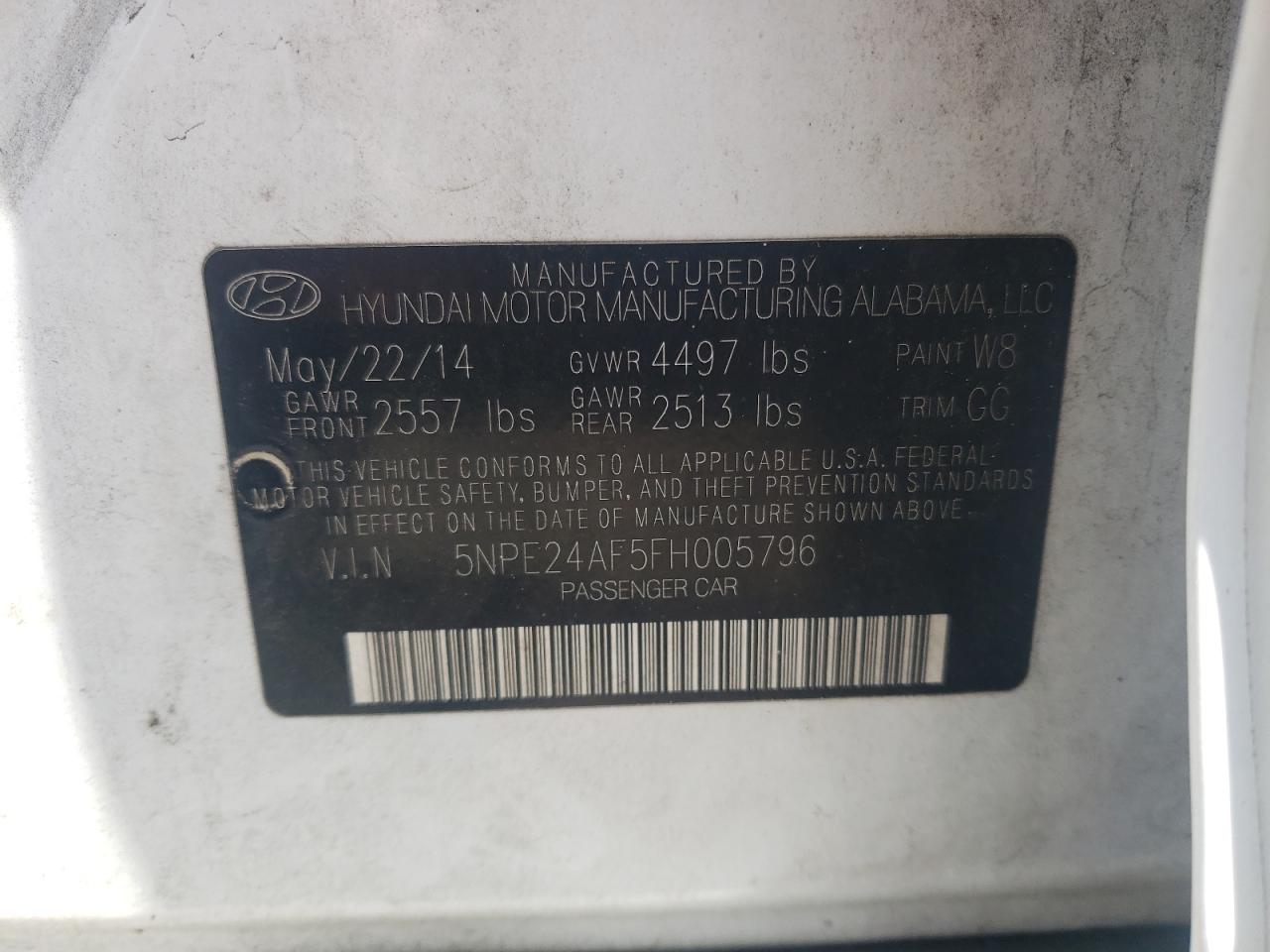 2015 Hyundai Sonata Se VIN: 5NPE24AF5FH005796 Lot: 63417254