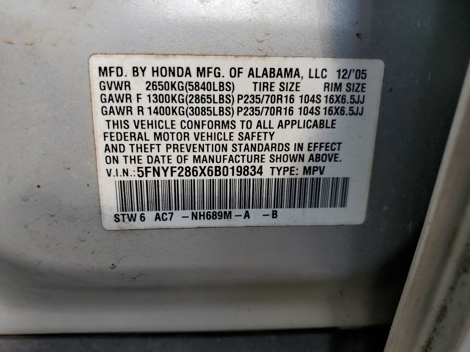 5FNYF286X6B019834 2006 Honda Pilot Ex