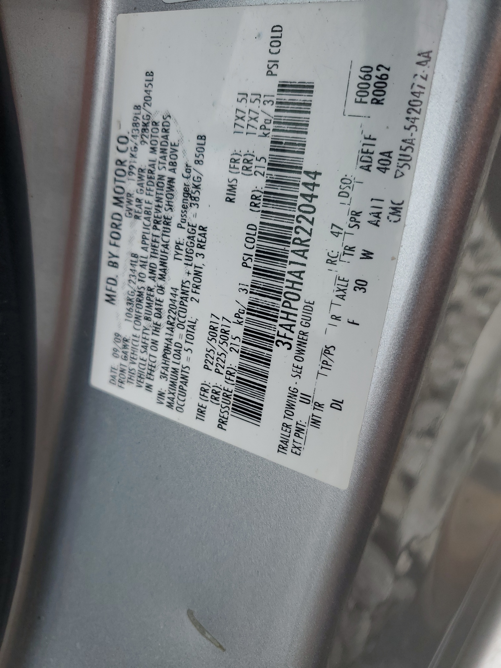 3FAHP0HA1AR220444 2010 Ford Fusion Se