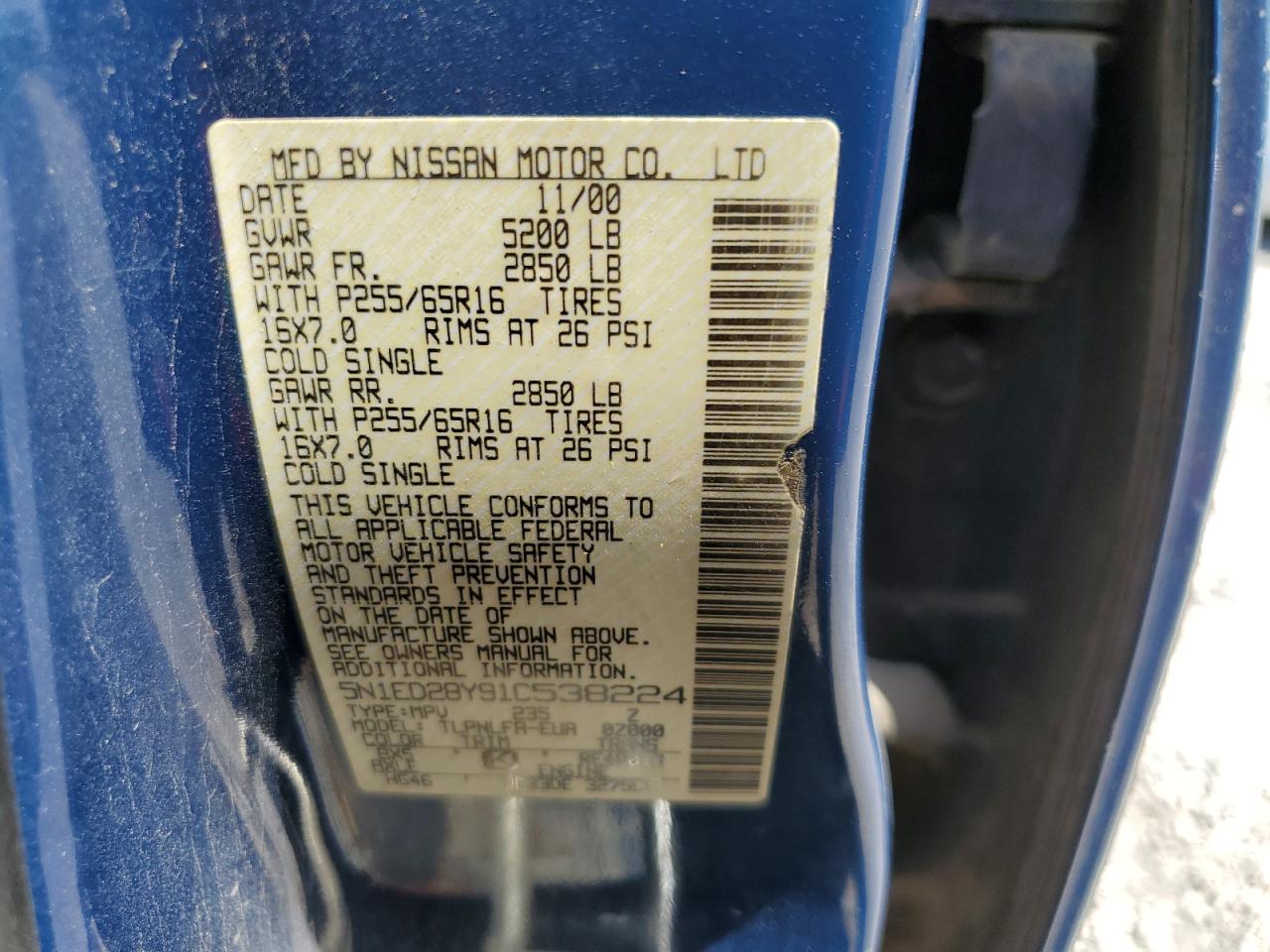 2001 Nissan Xterra Xe VIN: 5N1ED28Y91C538224 Lot: 60830864