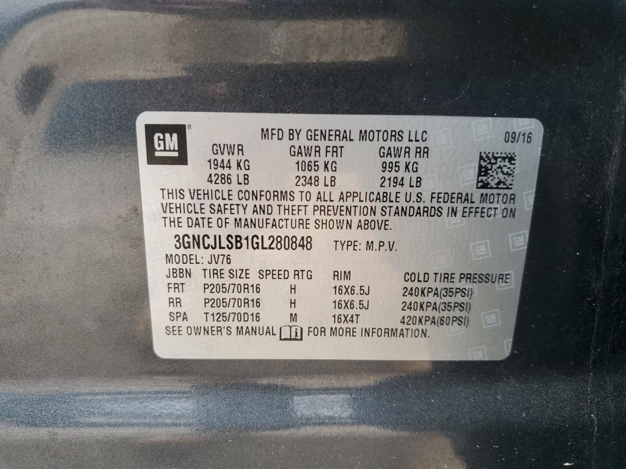 2016 Chevrolet Trax 1Lt VIN: 3GNCJLSB1GL280848 Lot: 65260384