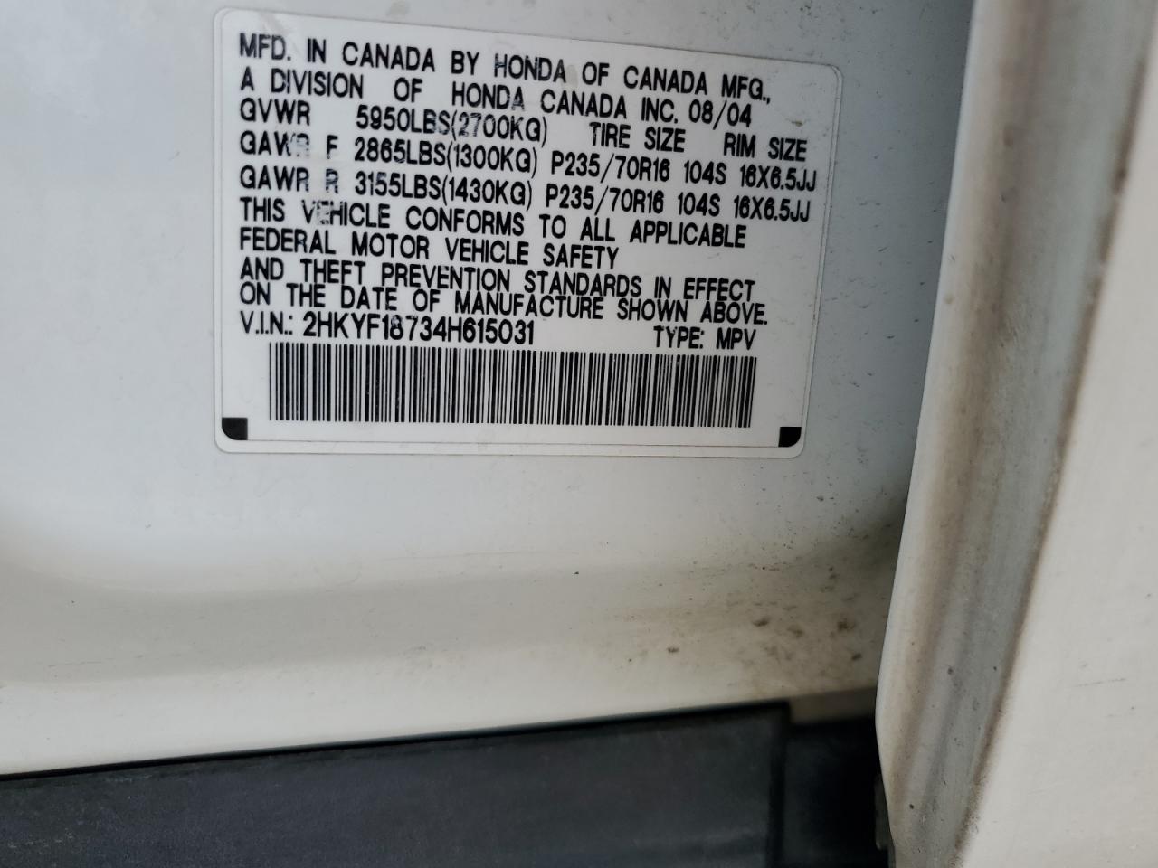 2004 Honda Pilot Exl VIN: 2HKYF18734H615031 Lot: 65205894