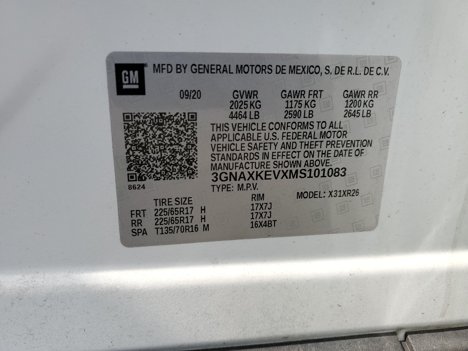 3GNAXKEVXMS101083 2021 Chevrolet Equinox Lt