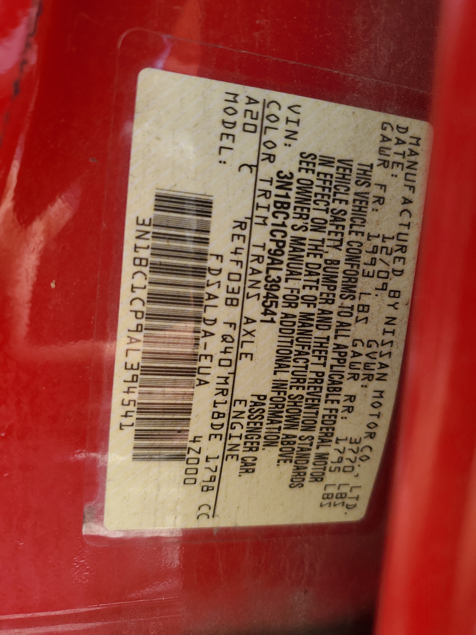 3N1BC1CP9AL394541 2010 Nissan Versa S