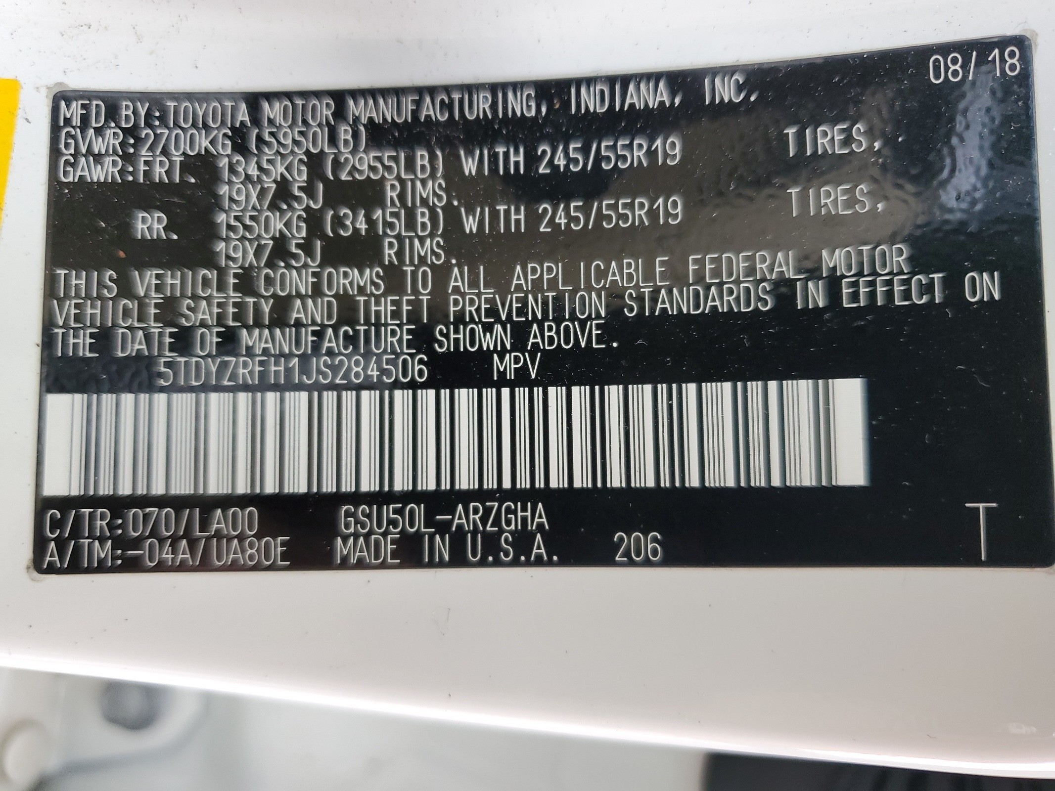 5TDYZRFH1JS284506 2018 Toyota Highlander Limited