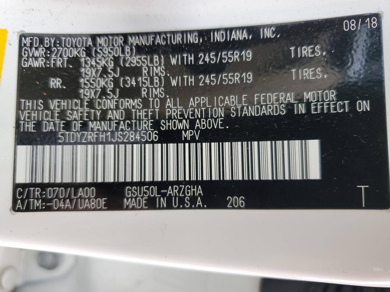 2018 Toyota Highlander Limited VIN: 5TDYZRFH1JS284506 Lot: 64156844