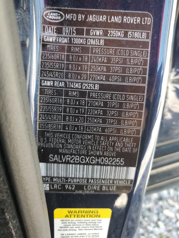 2016 Land Rover Range Rover Evoque Hse VIN: SALVR2BGXGH092255 Lot: 63772434