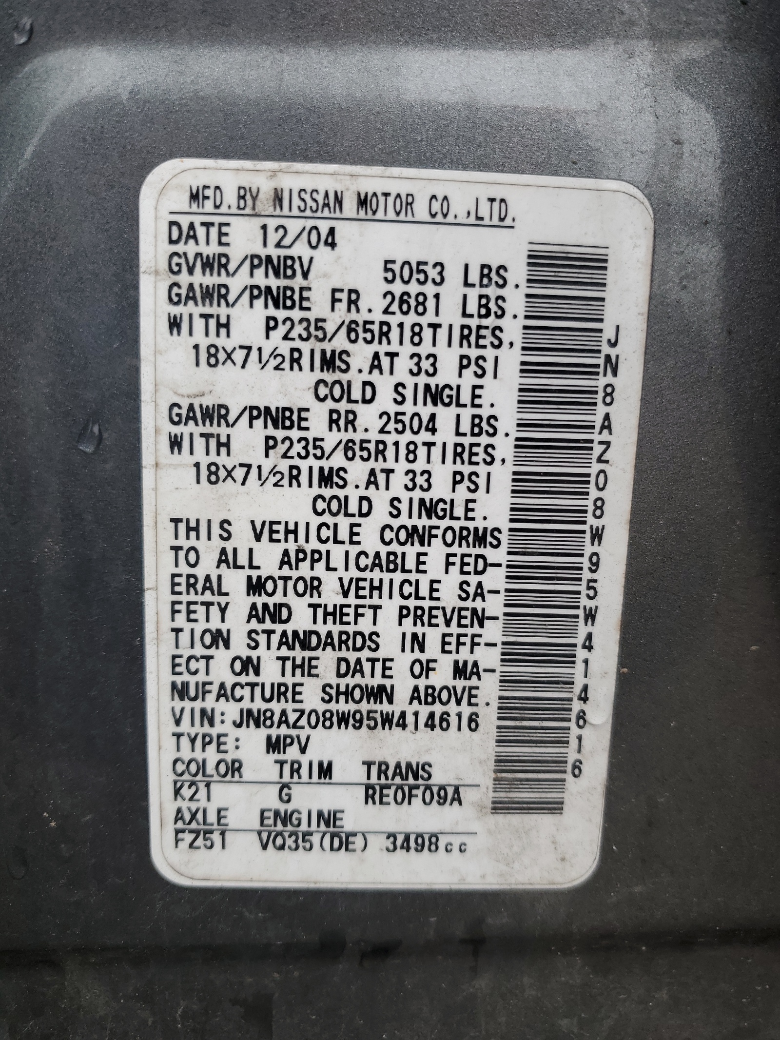 JN8AZ08W95W414616 2005 Nissan Murano Sl