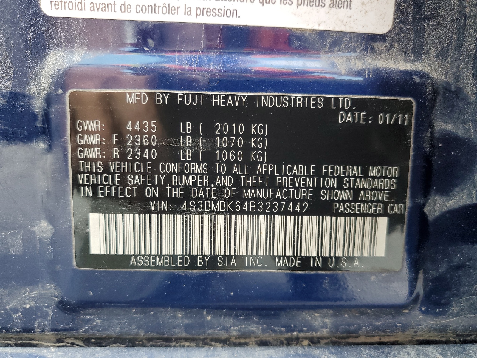 4S3BMBK64B3237442 2011 Subaru Legacy 2.5I Limited