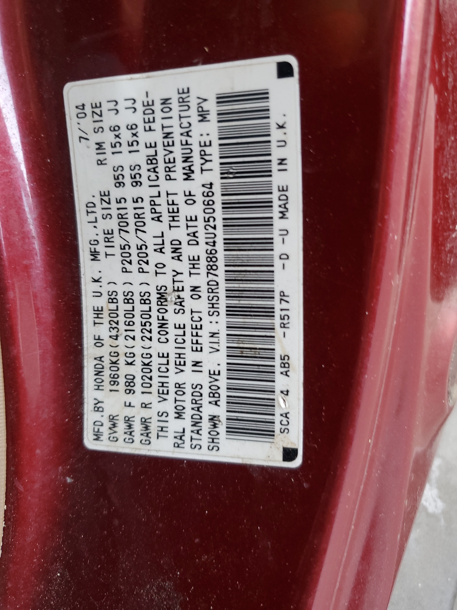 SHSRD78864U250664 2004 Honda Cr-V Ex