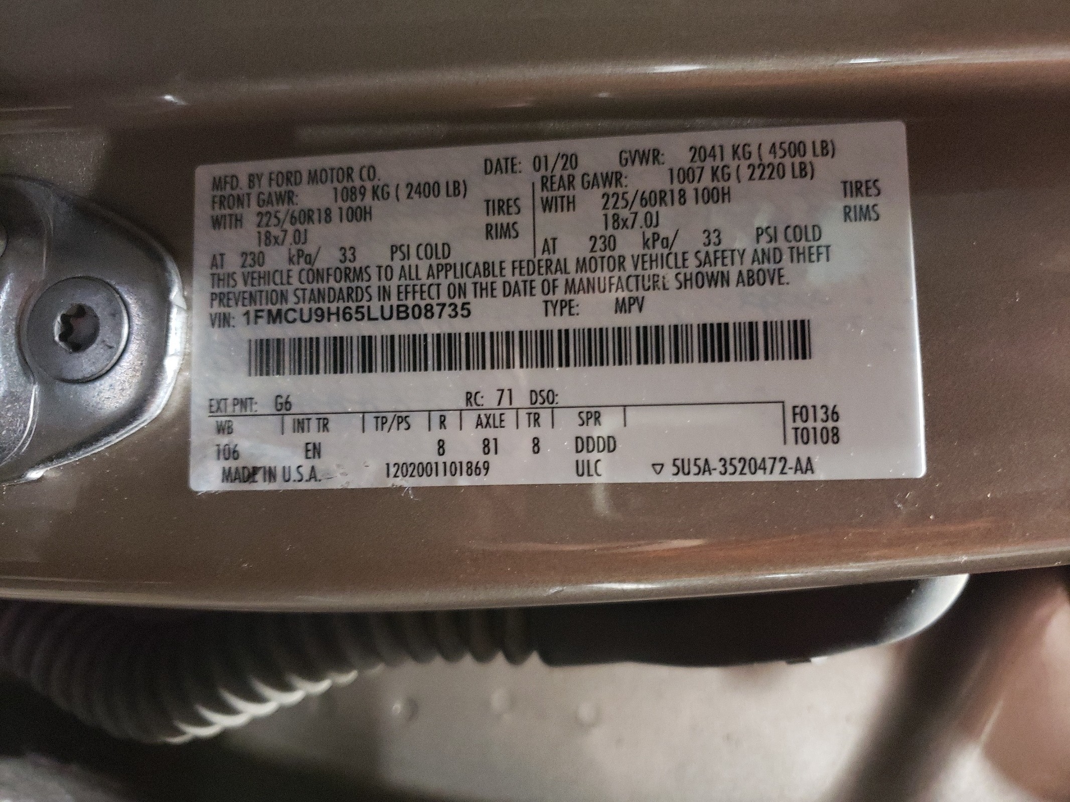 1FMCU9H65LUB08735 2020 Ford Escape Sel