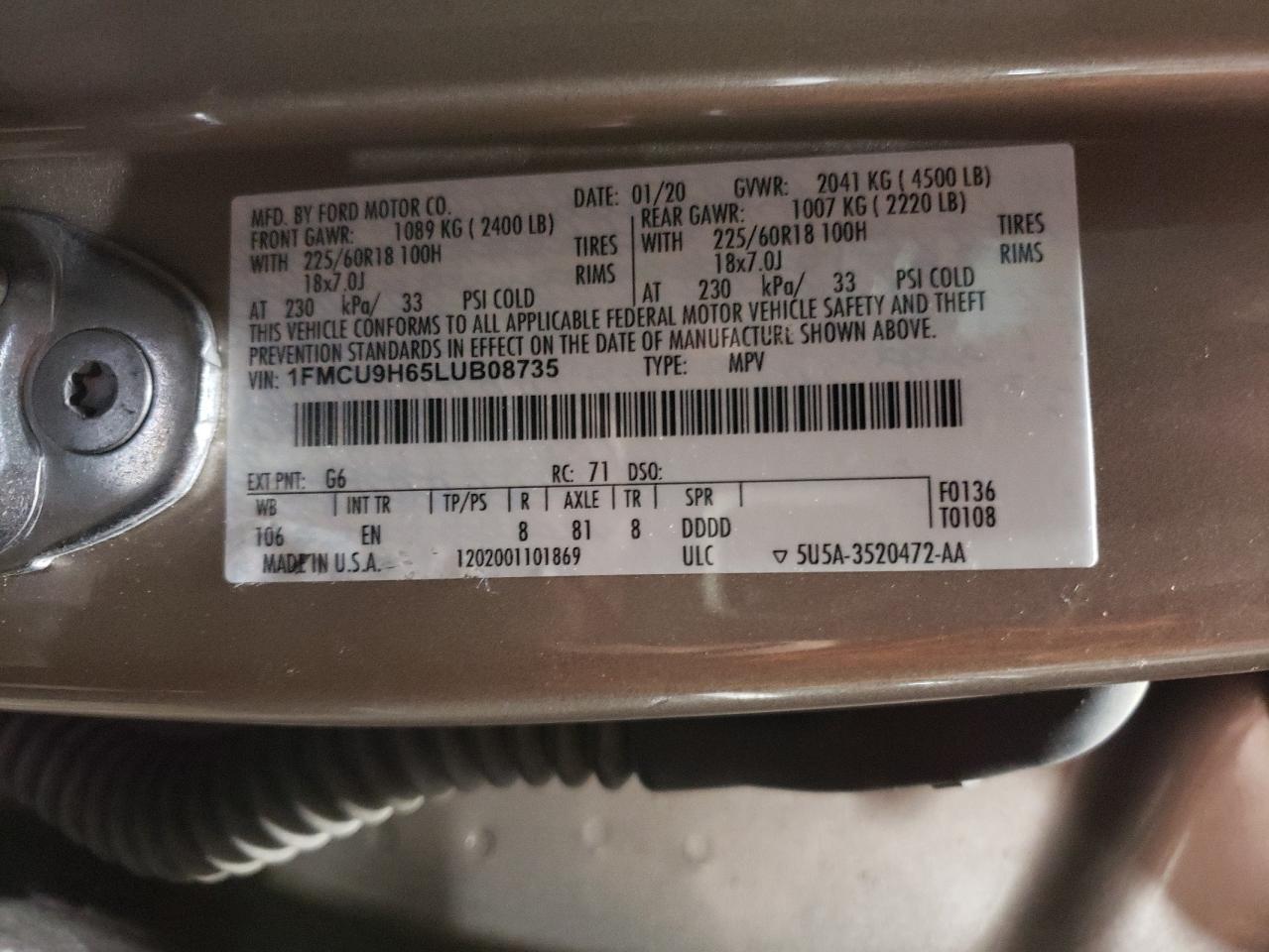 2020 Ford Escape Sel VIN: 1FMCU9H65LUB08735 Lot: 63846334