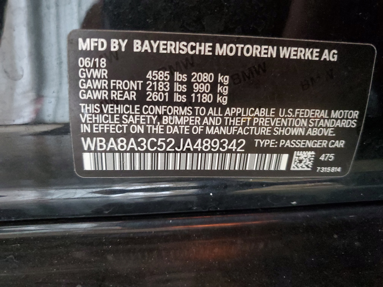 WBA8A3C52JA489342 2018 BMW 320 Xi