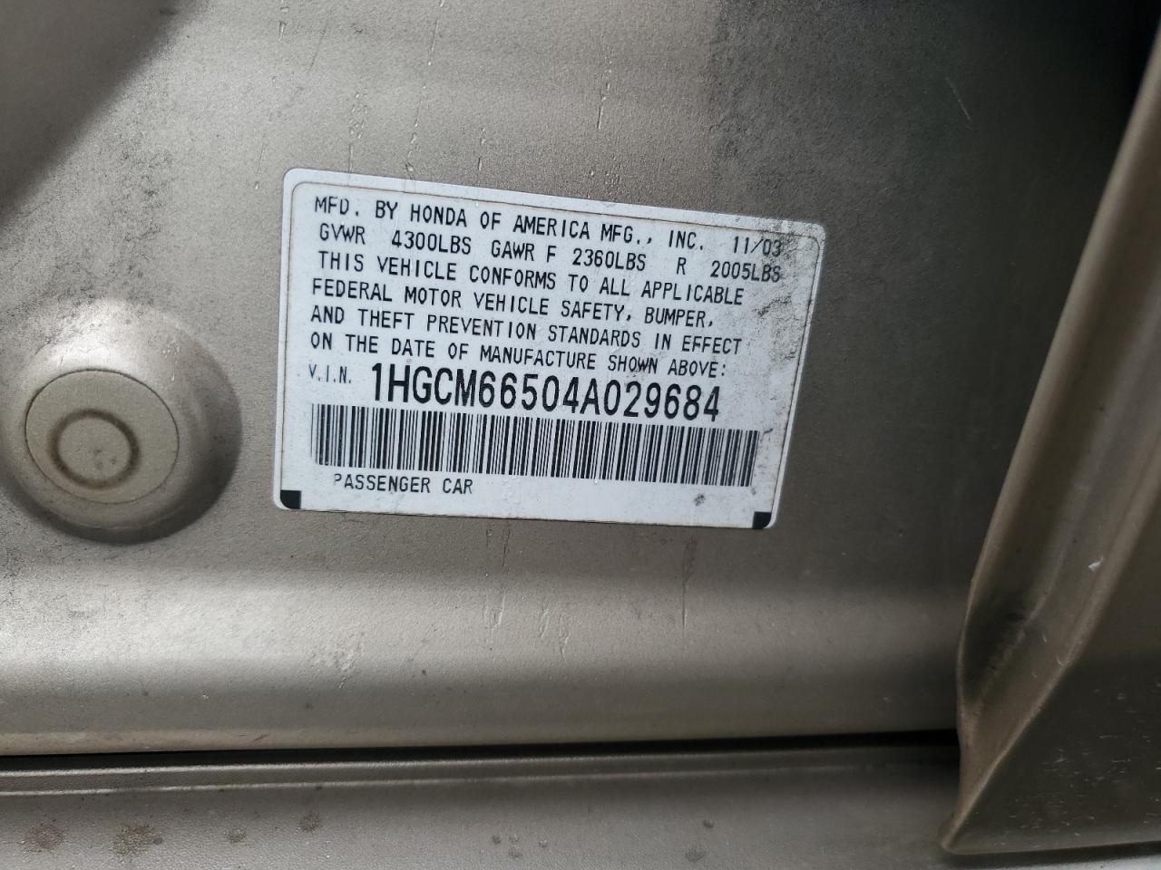 2004 Honda Accord Ex VIN: 1HGCM66504A029684 Lot: 64483394