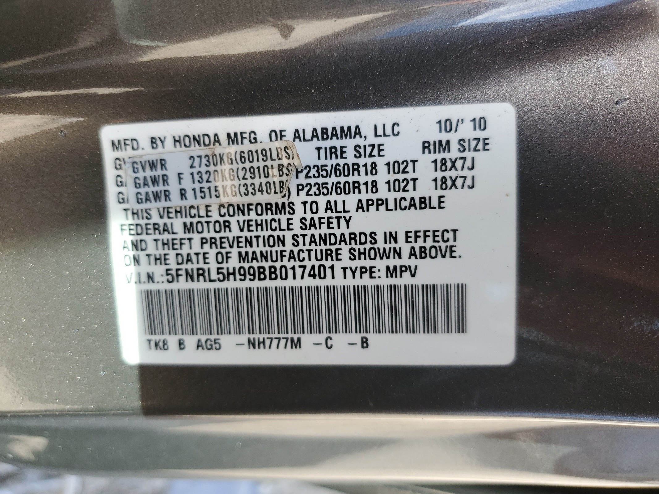 5FNRL5H99BB017401 2011 Honda Odyssey Touring