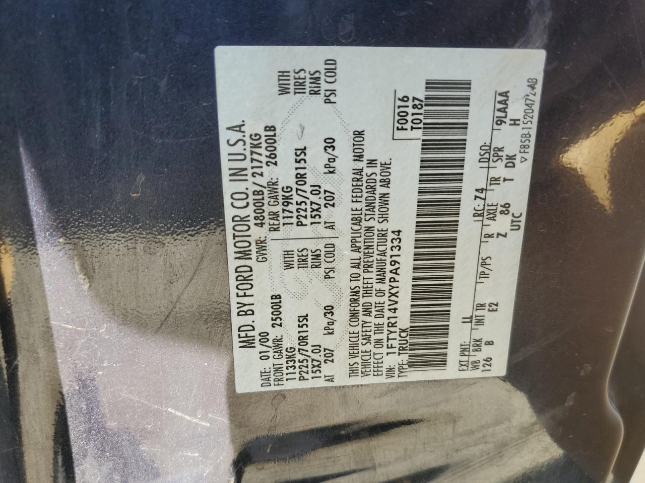 2000 Ford Ranger Super Cab VIN: 1FTYR14VXYPA91334 Lot: 64300854