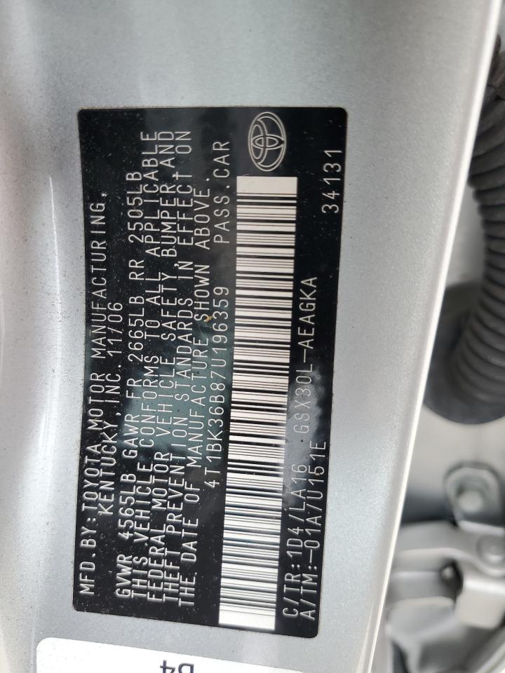 2007 Toyota Avalon Xl VIN: 4T1BK36B87U196359 Lot: 63708354