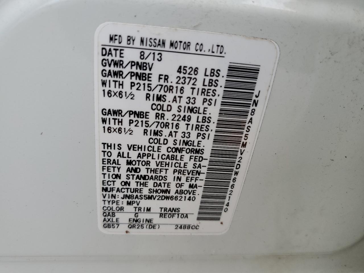 2013 Nissan Rogue S VIN: JN8AS5MV2DW662140 Lot: 63220034