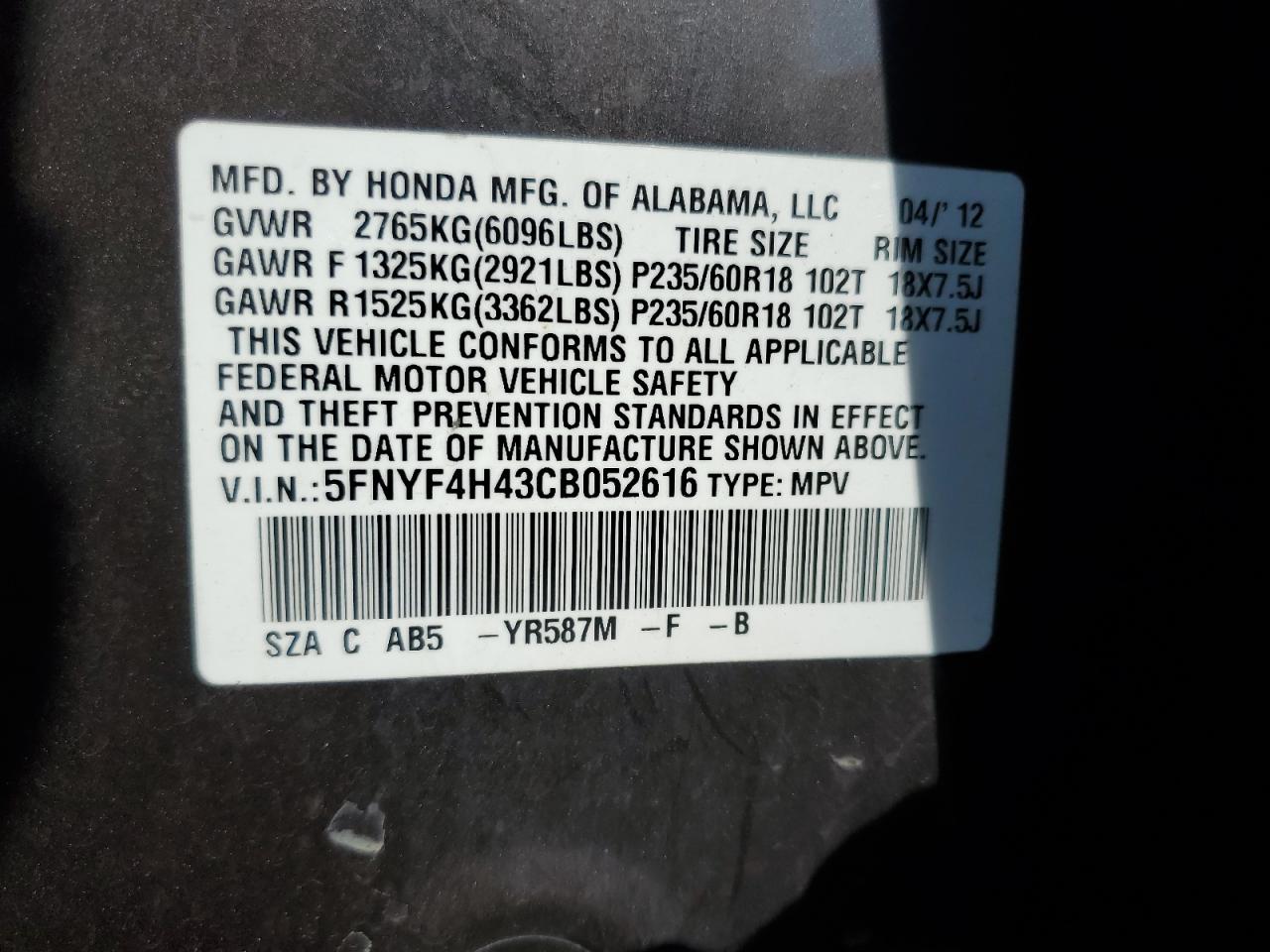 2012 Honda Pilot Ex VIN: 5FNYF4H43CB052616 Lot: 62632564