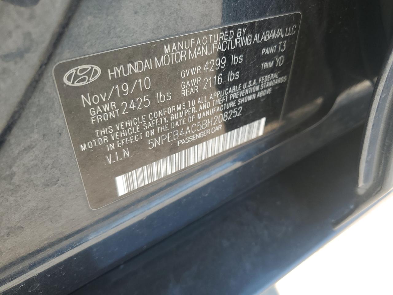 2011 Hyundai Sonata Gls VIN: 5NPEB4AC5BH208252 Lot: 61853374