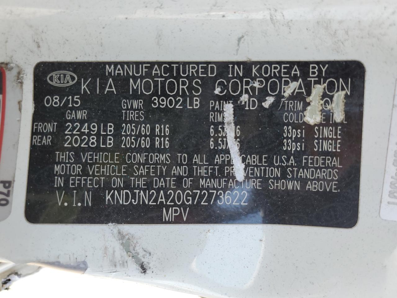 2016 Kia Soul VIN: KNDJN2A20G7273622 Lot: 61905834