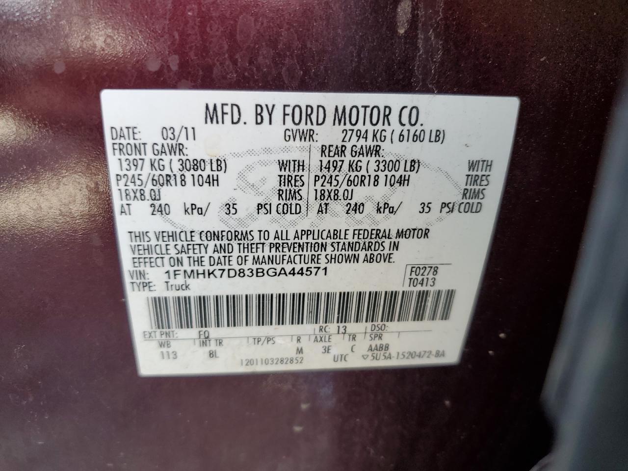 2011 Ford Explorer Xlt VIN: 1FMHK7D83BGA44571 Lot: 64023634