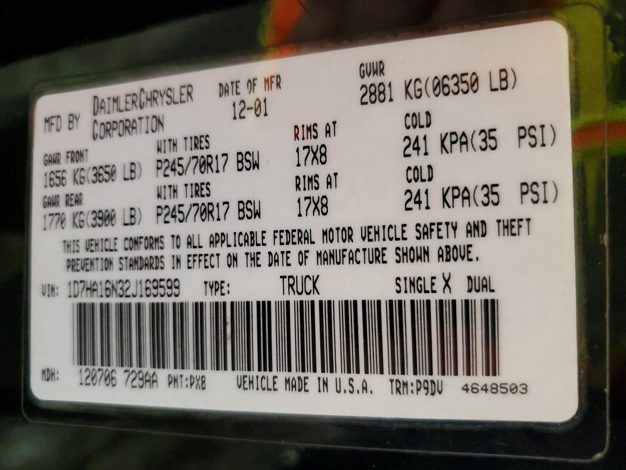2002 Dodge Ram 1500 VIN: 1D7HA16N32J169599 Lot: 63929354