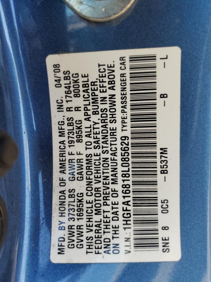 2008 Honda Civic Ex VIN: 1HGFA16818L085629 Lot: 62918224