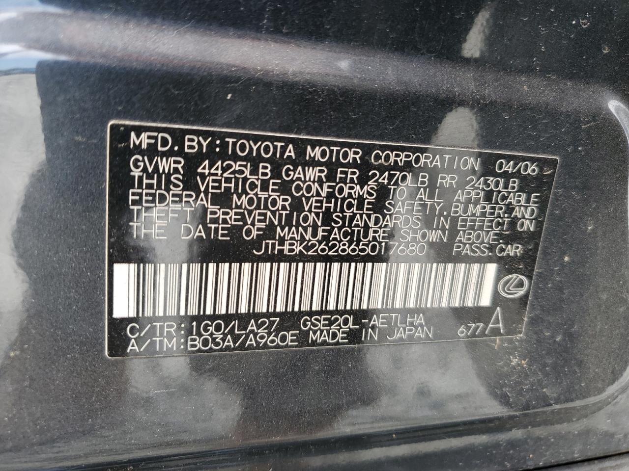 2006 Lexus Is 250 VIN: JTHBK262865017680 Lot: 61101894