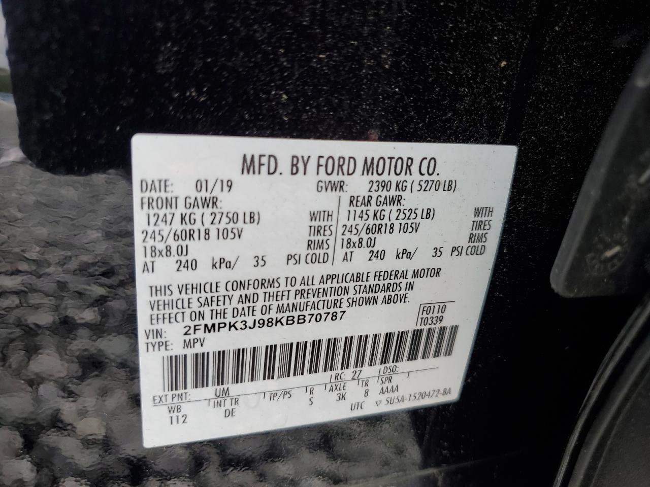 2019 Ford Edge Sel VIN: 2FMPK3J98KBB70787 Lot: 64784524