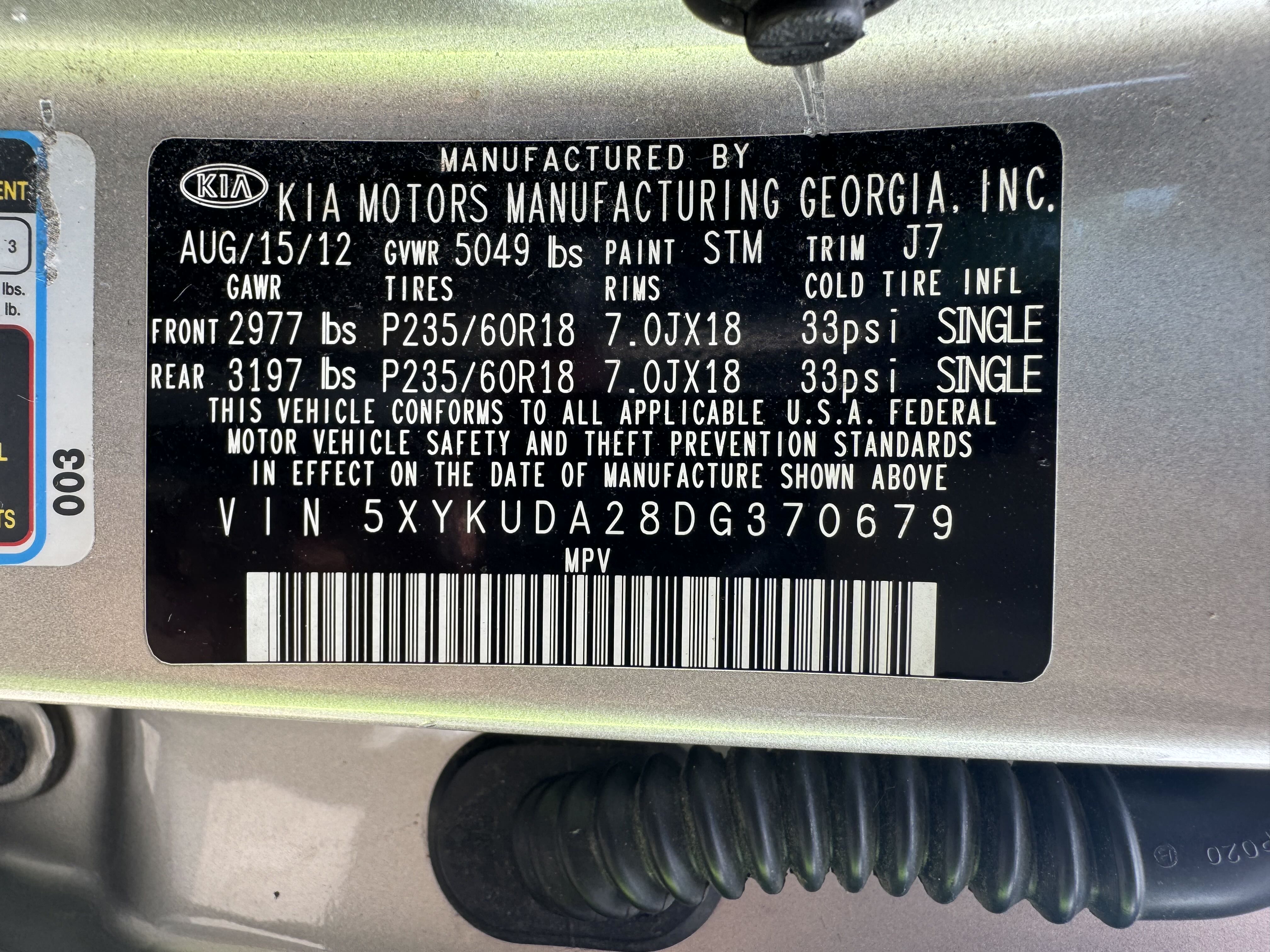 5XYKUDA28DG370679 2013 Kia Sorento Ex