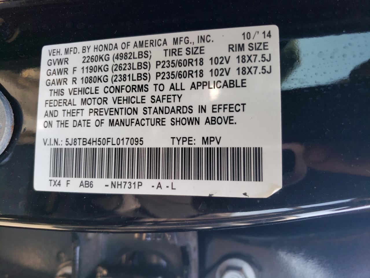 5J8TB4H50FL017095 2015 Acura Rdx Technology