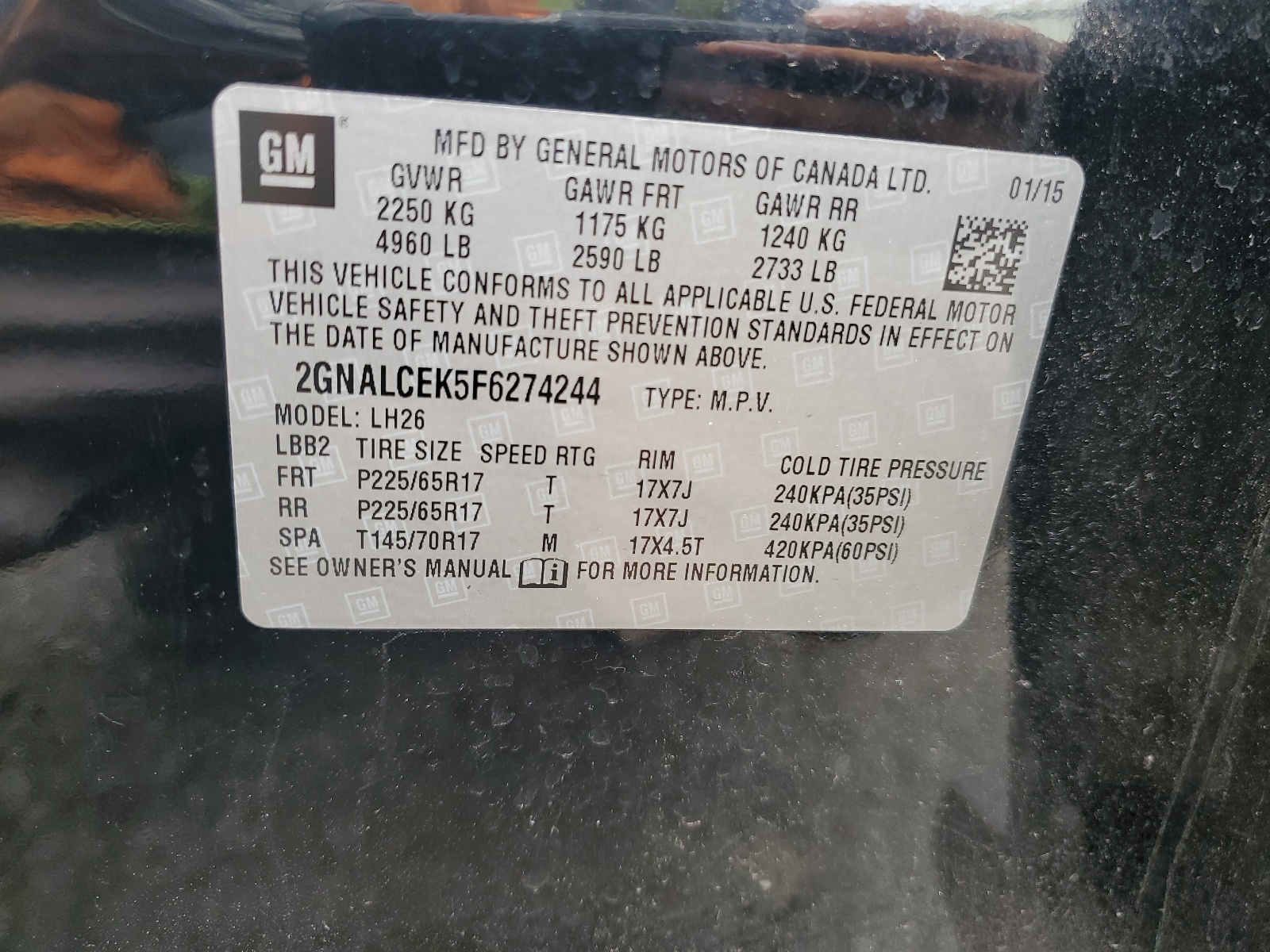 2GNALCEK5F6274244 2015 Chevrolet Equinox Lt