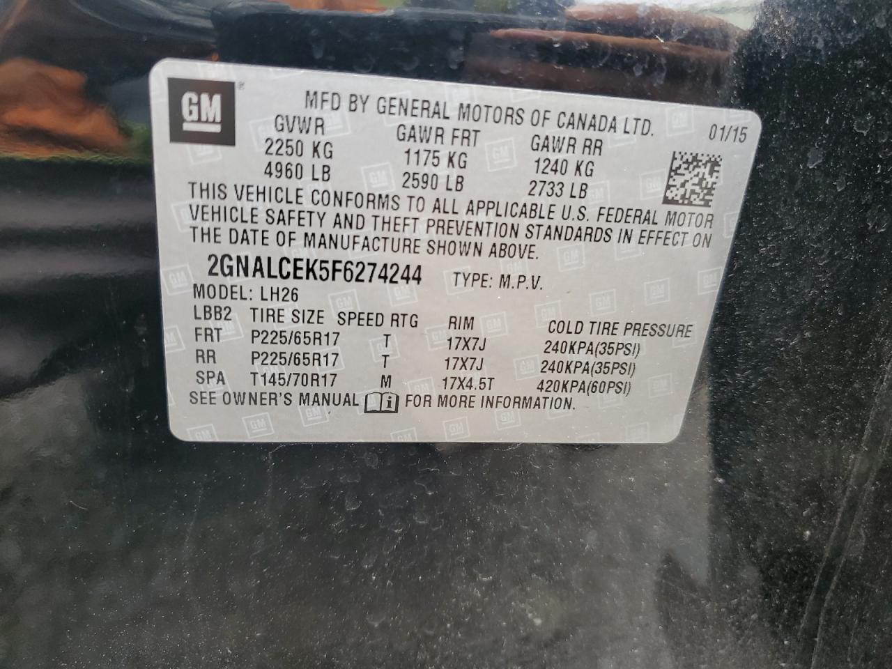 2015 Chevrolet Equinox Lt VIN: 2GNALCEK5F6274244 Lot: 64599674