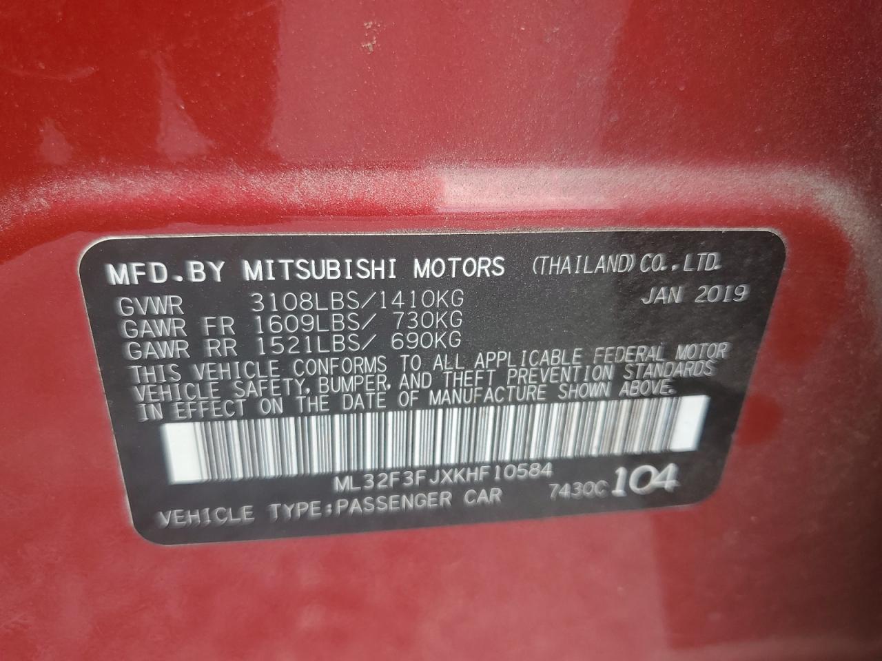 2019 Mitsubishi Mirage G4 Es VIN: ML32F3FJXKHF10584 Lot: 61229364