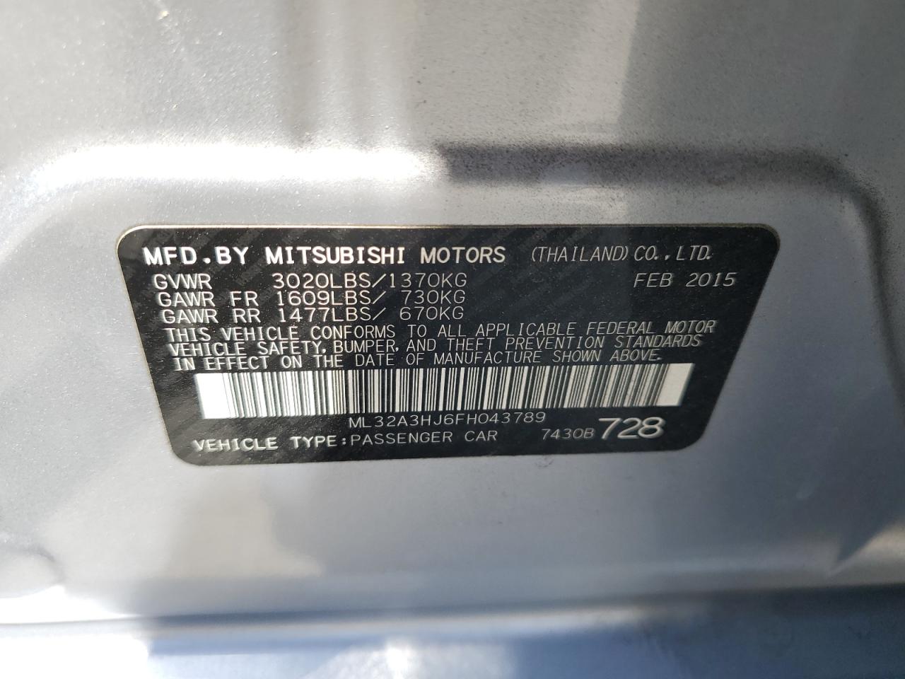 2015 Mitsubishi Mirage De VIN: ML32A3HJ6FH043789 Lot: 60675994