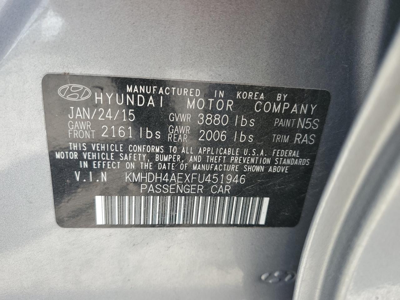 KMHDH4AEXFU451946 2015 Hyundai Elantra Se