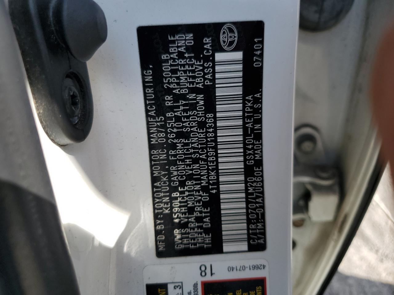 2015 Toyota Avalon Xle VIN: 4T1BK1EB9FU184368 Lot: 62122134