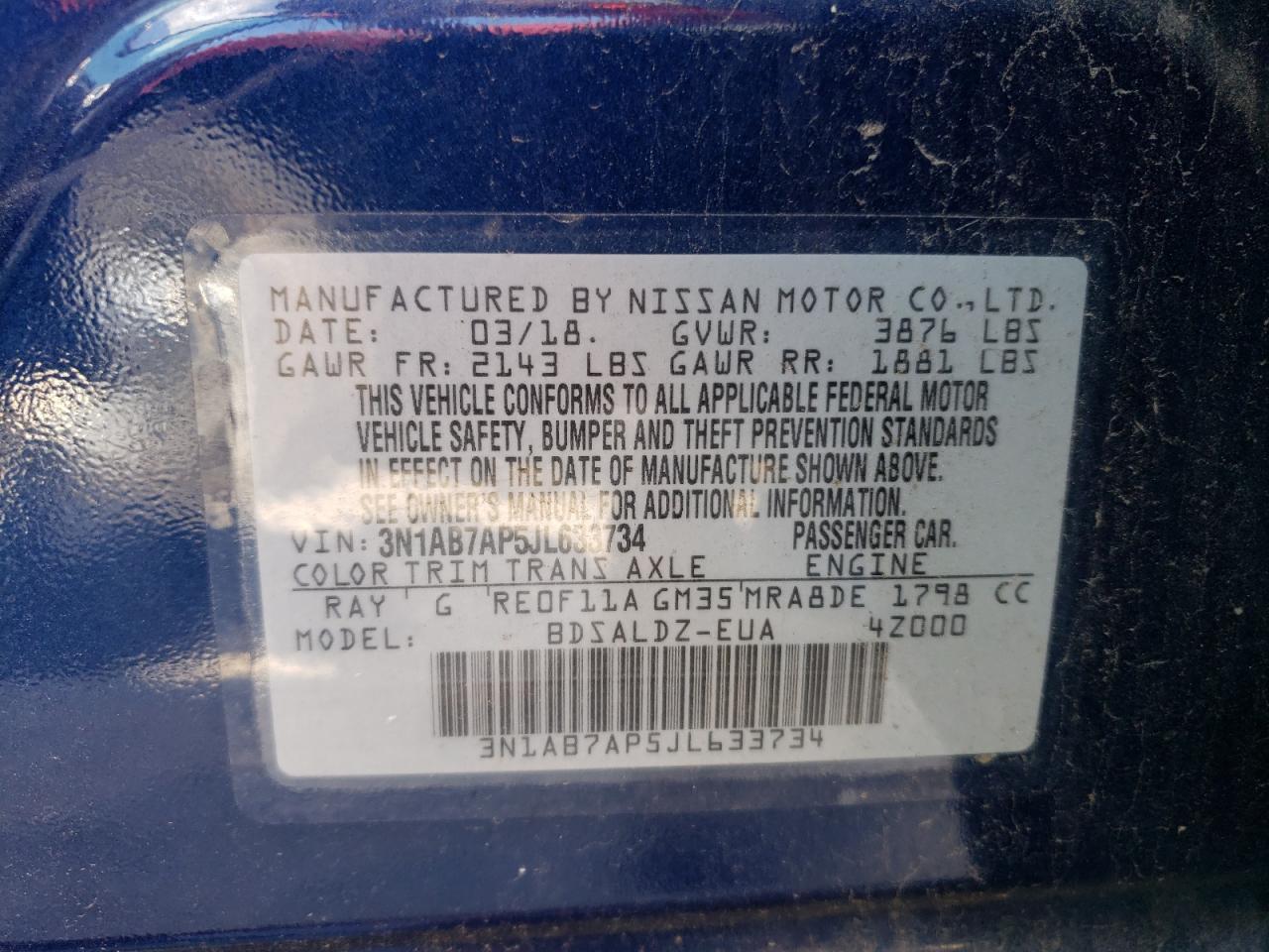 3N1AB7AP5JL633734 2018 Nissan Sentra S