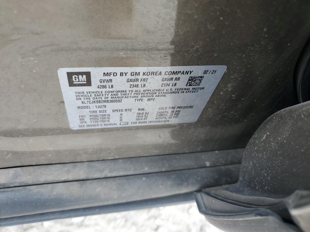 2021 Chevrolet Trax Ls VIN: KL7CJKSB2MB360592 Lot: 64218594