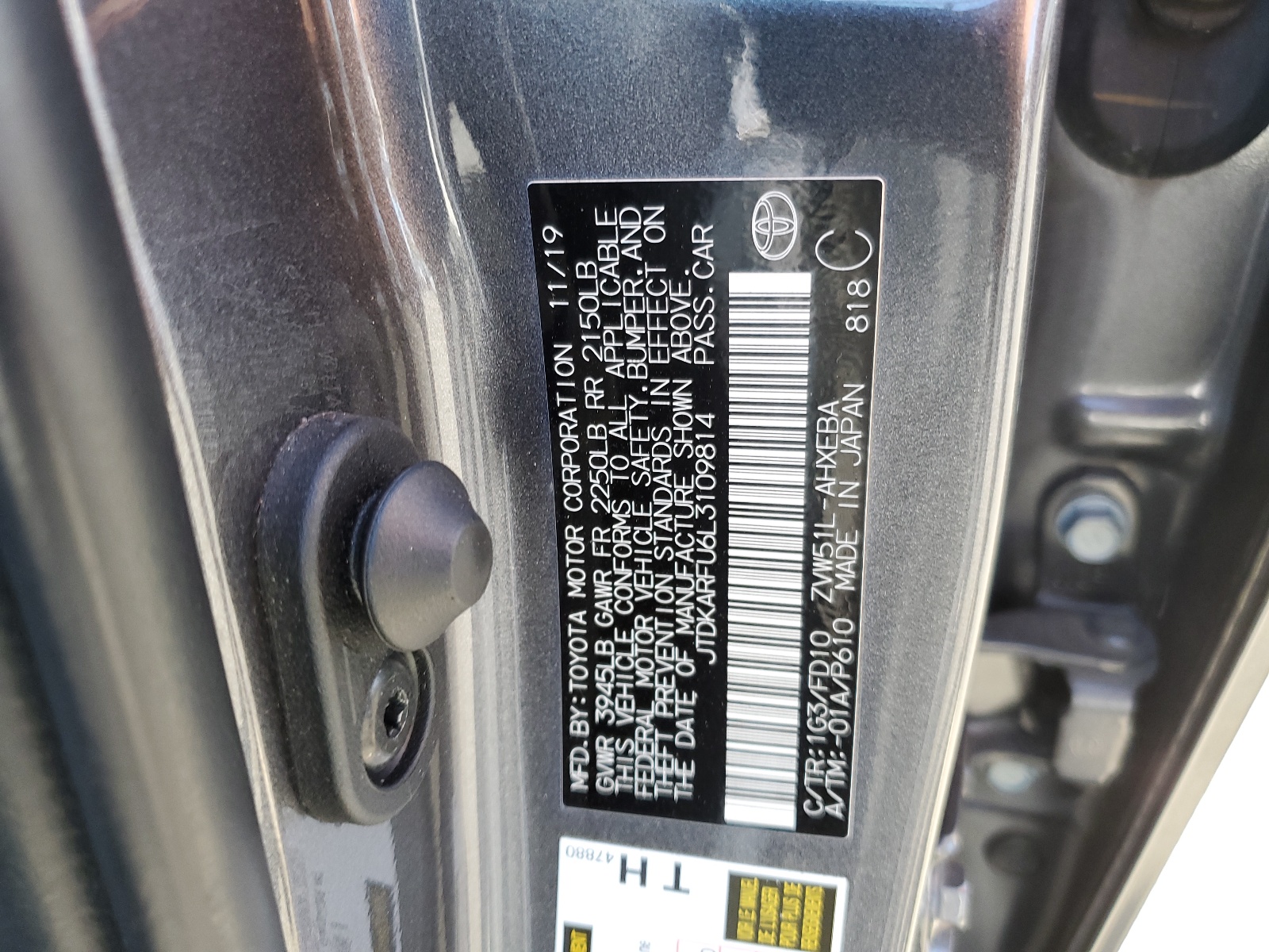 JTDKARFU6L3109814 2020 Toyota Prius L