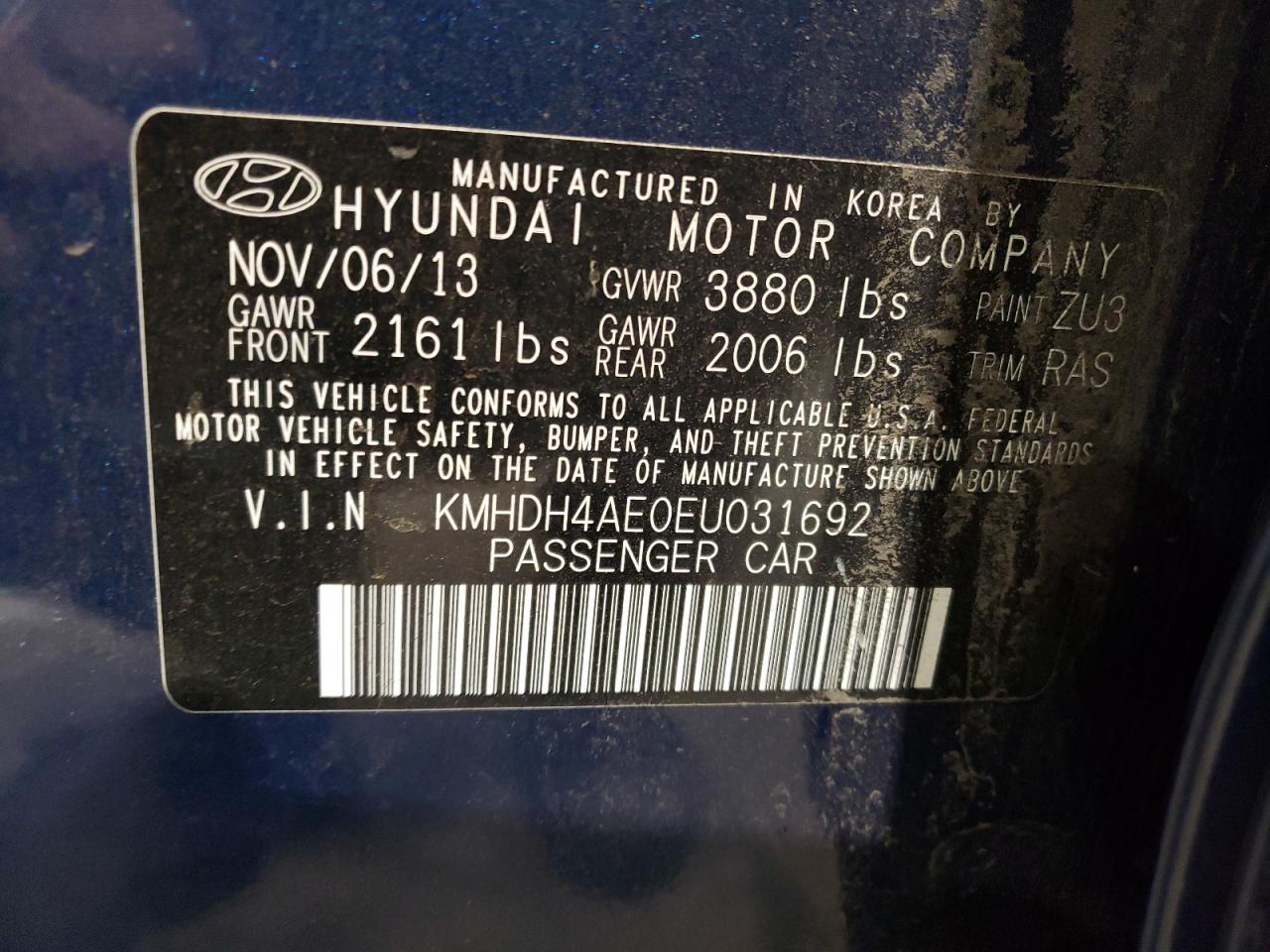 2014 Hyundai Elantra Se VIN: KMHDH4AE0EU031692 Lot: 65353874