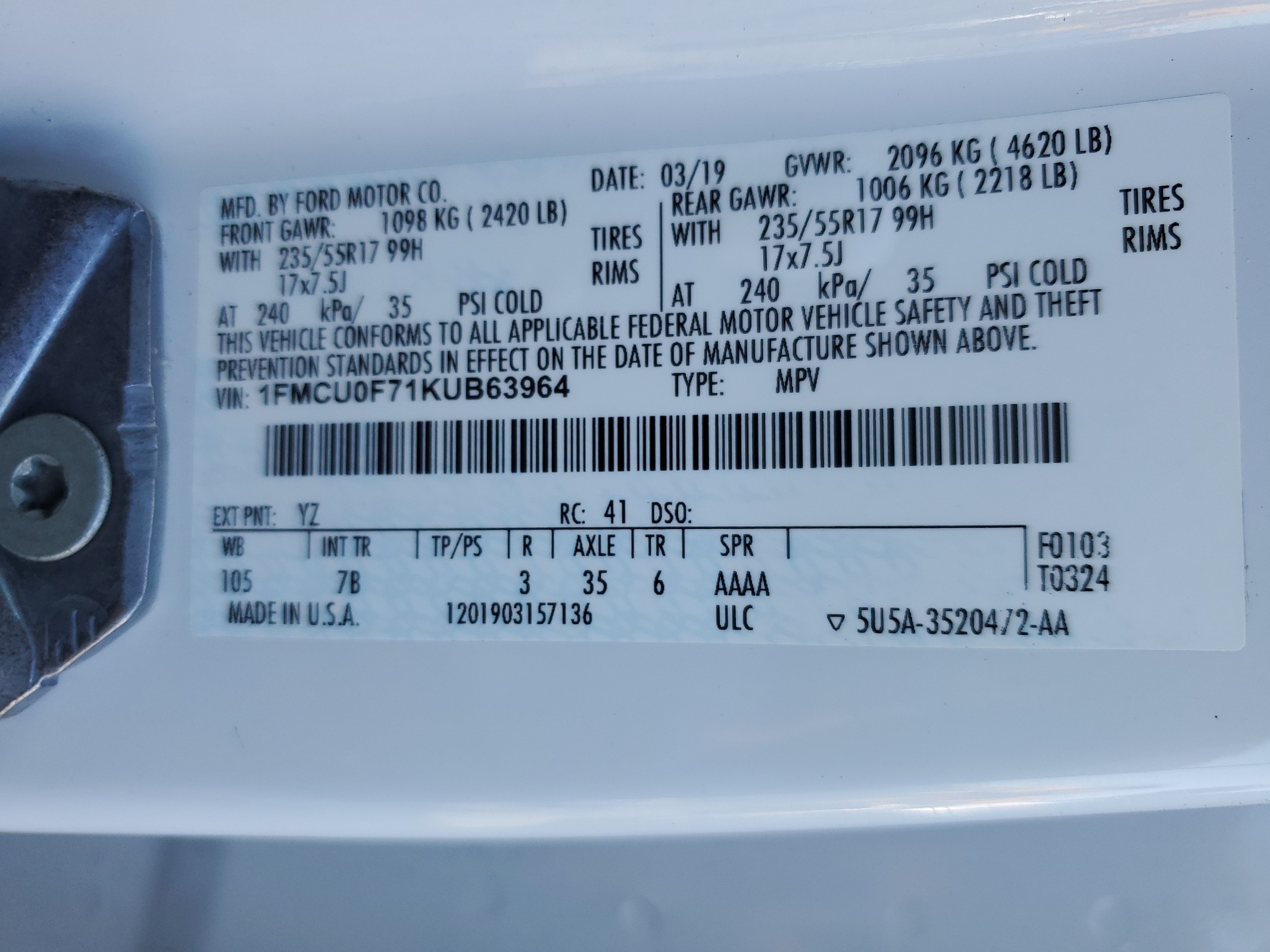 1FMCU0F71KUB63964 2019 Ford Escape S